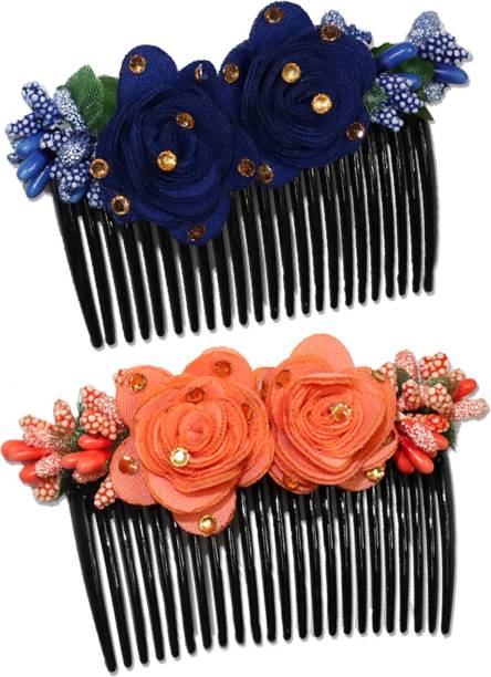 VAGHBHATT Multicolor Acrylic Comb and Cloth Flower Hair Clip/Side Comb/Flower Design Jooda Hairpin Comb Flower Design Jooda Pin Pearl Hairpin Comb For Women And Girls (CmbPk-2New-53) Bun Clip