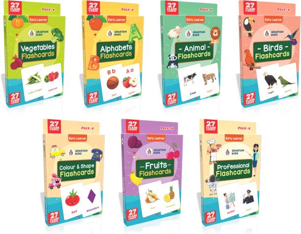 spartan kids Vegetables Flash cards, Alphabets Flash cards, Animals Flash cards, Birds Flash cards, Color and Shape Flash cards, Fruits Flash cards, Professions Flash Cards (Flash Cards Combo Pack) Easy & Fun way of Learning-1yr-6yr Kids (Set of 7