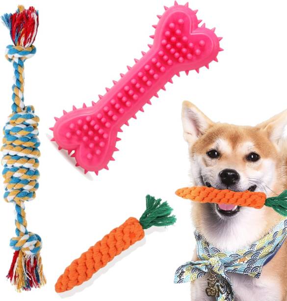 YOUHAVEDEAL Rope Toys for Dogs, Puppy Chew Teething Rope Toys Set of 3 (Carrot Rope Chew Toy + Beef Flavor Dog Toy Bone + Tug War Rope Toy) Durable Cotton Dog Toys for Playing and Teeth Cleaning Training Toy 3 in1 (Color May Vary) Cotton, Rubber Bone, Chew Toy, Rubber Toy, Tug Toy, Treat Dispensing Toy For Dog