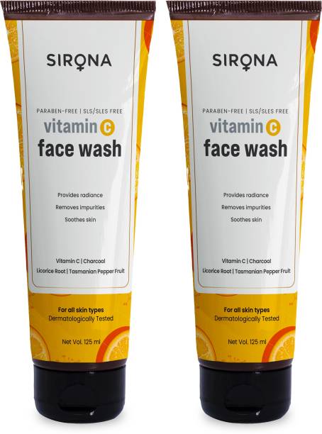 SIRONA Vitamin C  for Men & Women – 125 ml (Pack of 2) with Charcoal Licorice Root & Tasmanian Pepper Fruit | Suitable For All Skin Type | Provides Radiance, Removes Impurities & Soothes Skin Face Wash