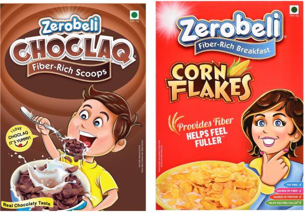 Zerobeli Crunchy Flakes Combo - Crunchy Corn Flakes 375g, and Fiber Rich (Choco Flakes) Choclaq 500g Combo