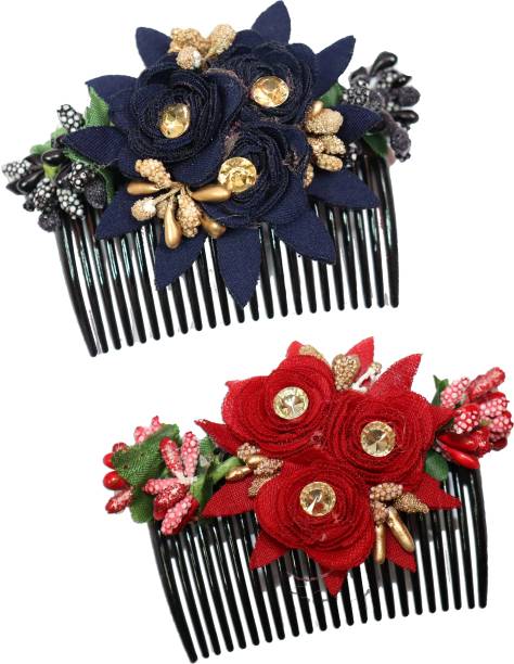 FIMBUL Multicolor Acrylic Comb Cloth Flower Hair Clip/Side Comb/ Flower Design Jooda Hairpin Comb Flower Jooda Pin Comb Accessories For Women And Girls Pack of 2 (AcrCmb-St66) Hair Claw