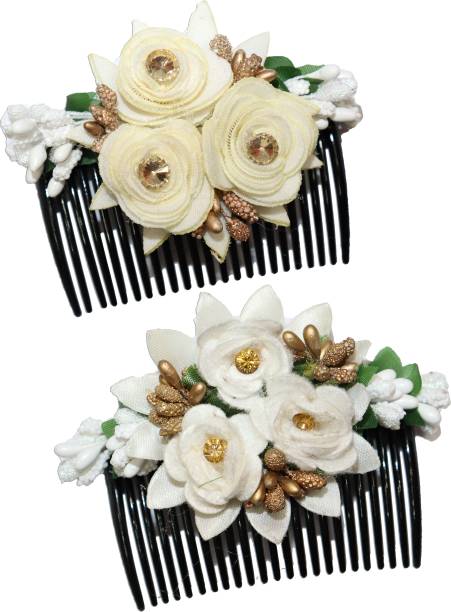 VAGHBHATT Multicolor Acrylic Comb and Cloth Flower Hair Clip/Side Comb/Flower Design Jooda Hairpin Comb Flower Design Jooda Pin Pearl Hairpin Comb For Women And Girls (CmbPk-2New-62) Bun Clip