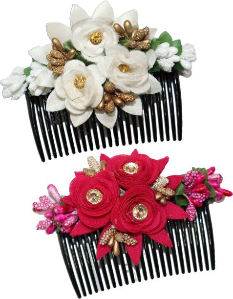 Krenoz Multicolor Acrylic Comb and Cloth Flower Hair Clip/Side Comb/ Flower Design Jooda Hairpin Comb Flower Design Jooda Pin Pearl Hairpin Comb For Women And Girls (comb_31) Hair Accessory Set