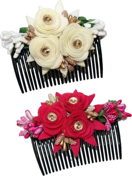 VAGHBHATT Multicolor Acrylic Comb and Cloth Flower Hair Clip/Side Comb/Flower Design Jooda Hairpin Comb Flower Design Jooda Pin Pearl Hairpin Comb For Women And Girls (CmbPk-2New-61) Bun Clip