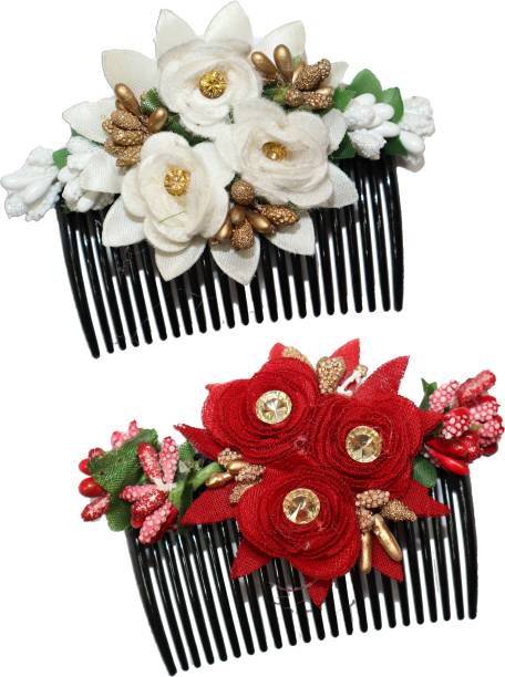 FIMBUL Multicolor Acrylic Comb Cloth Flower Hair Clip/Side Comb/ Flower Design Jooda Hairpin Comb Flower Jooda Pin Comb Accessories For Women And Girls Pack of 2 (AcrCmb-St76) Hair Claw