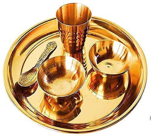 AANU Pure Brass Laddu Gopal Poojab Bhog Special For Religious Festive Krishna Janmashtami Set Of 5 Pcs Thali Set ( 1 Dessert Plate/Thali + 2 Bowl + 1 Glass + 1 Spoon) Brass