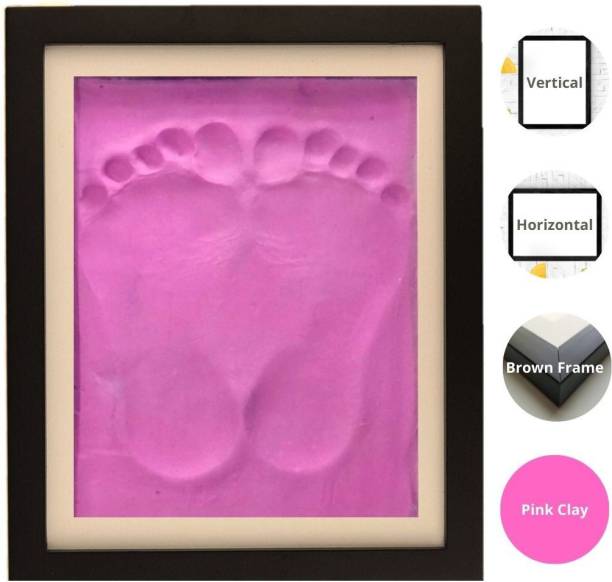 Dream Gifts Adult Clay Handprint & Footprint Kit with XL Brown Box Frame (14.5"x11"x1") & Pink Colour Impression Art Clay