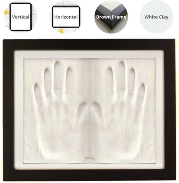 Dream Gifts Adult Clay Handprint & Footprint Kit with XL Brown Box Frame (14.5"x11"x1") & White Colour Impression Art Clay