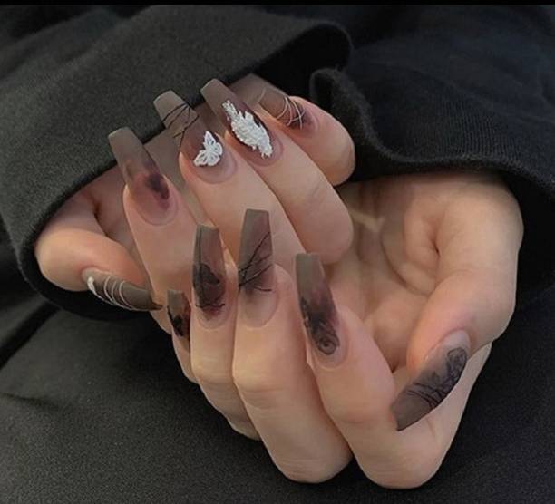 SECRET LIVES designer re-useable artifical extension beautiful fake nails convinent than manicure Matte forest brown combo with black and white design with glue sheet convinent than manicure