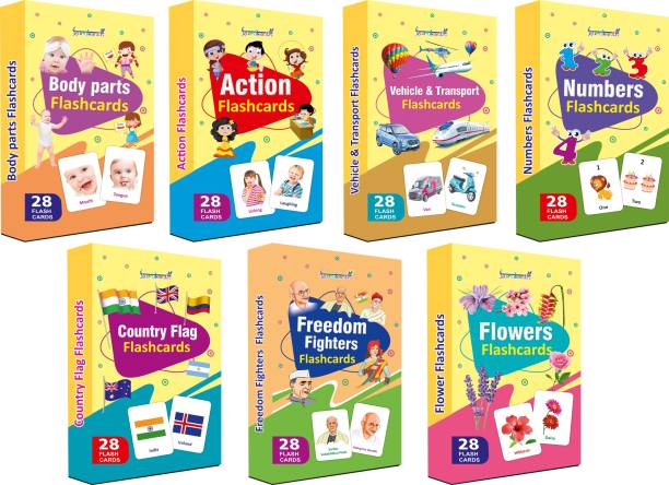 gurukanth Numbers Flash cards, Body Parts Flash cards, Action Flash cards, Vehicles Flash cards, Flags Flash cards, Freedom Fighters Flash cards, Flowers Flash Cards (Flash Cards Combo Pack) Easy & Fun way of Learning-2yr-8yr Kids (Flash card Set of 7 boxes - 196 Flash cards)