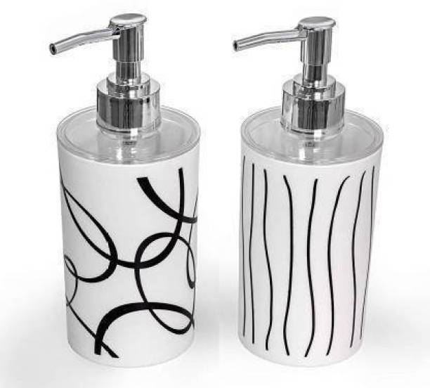 AKR [ Pack of 2] Empty Plastic Liquid Soap Dispenser Bottle Set with Pump for handwash in Bathroom Kitchen Sink, White Plastic Body and Chrome Finish top 350 ml Liquid, Lotion, Conditioner, Soap, Shampoo, Sanitizer Stand Dispenser (White) 350 ml Liquid, Soap, Lotion, Conditioner, Sanitizer Stand, Shampoo, Gel Dispenser