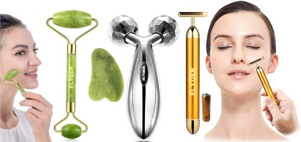 FLYDER Gold Energy Beauty Bar Electric Vibration Facial Massage Roller, T-Shaped Anti Wrinkle Massager, With 3D Manual Roller Face Body Massager With Anti Aging 100% Natural Jade Stone Smooth Facial Roller Massager With Gua Sha Facial Tools.