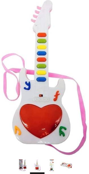Zenex store Music mini guitar sound 3D light battery operator. (Best gift girls & Boys Mini guitar toys) (White Pink)