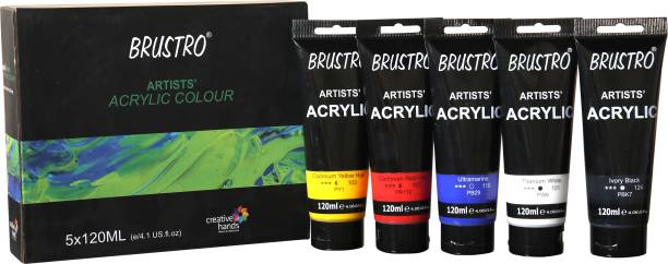 BRuSTRO Brustro Artists’ Acrylic 120ml, Pack of 5 Primary Shades (Titanium White, Cad Yellow, Ultramarine, Cadmium Red & Ivory Black)