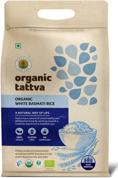 Organic Tattva White Basmati Rice 5 KG | Gluten Free, 100% Vegan and No Additives | Get the Taste of Health and Nutrition Basmati Rice (Full Grain, Unpolished)