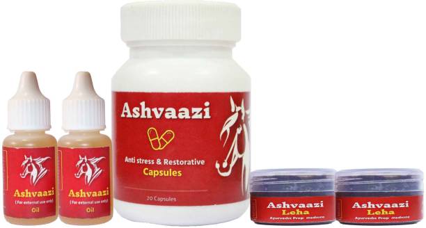 Ashvaazi 100% Natural Power Performance Testosterone Vigour Vitality Booster Energy Stamina Capsules for Men Powerful Herbal Ayurvedic Ingredients 20 Capsule (set of 1) with Fiery Hot Men Oil 10 ML (set of 2) & 20gm Leha (set of 2) - Silver Package