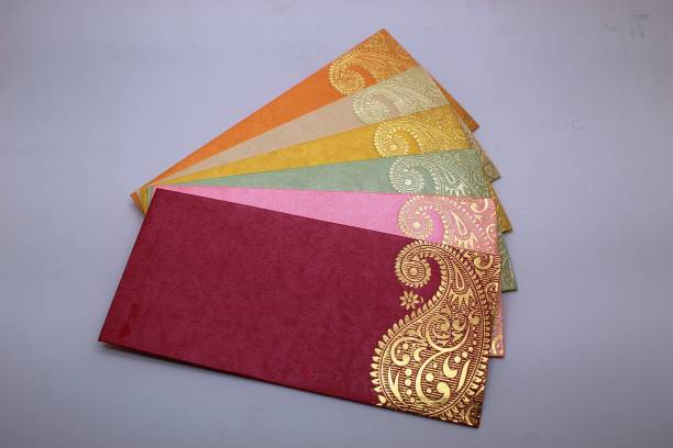 JHINTEMETIC Pack of 25 Matellic 5 Colours of 5 Each Randomly Picked Colourful Designer Shagun Lifafa/Money Gift Envelope with Golden Ambi for Gifting Money on any occasion Shagun Envelopes