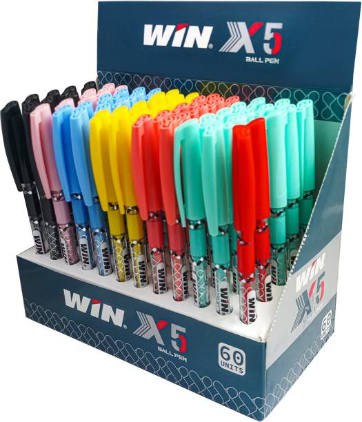 Win X5 Ball Pens | 60 Pcs Pens Combo Dispenser Pack | 50 Blue Ink, 8 Black Ink, 2 Red Ink | Multicoloured Body in 7 Pastel Shades | 0.7 mm Tip for Smooth Flow of Ink | Ergonomic Grip for Comfortable & Smooth Writing | Gifts for Stylish Girls and Kids | Ideal for School Office & Business Use | Budget Friendly Stick Ball Pen
