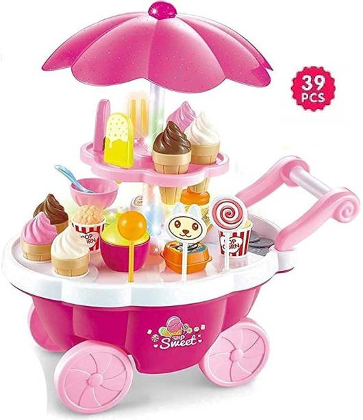 HKC HOUSE Ice Cream Toy Cart Play Set for Kids 39 Piece Pretend Play Food - Ice-Cream Trolley Truck Without Music & Lighting - Great for Girls and Boys Ages 3 - 12 Years Old (Without Music & Lighting)