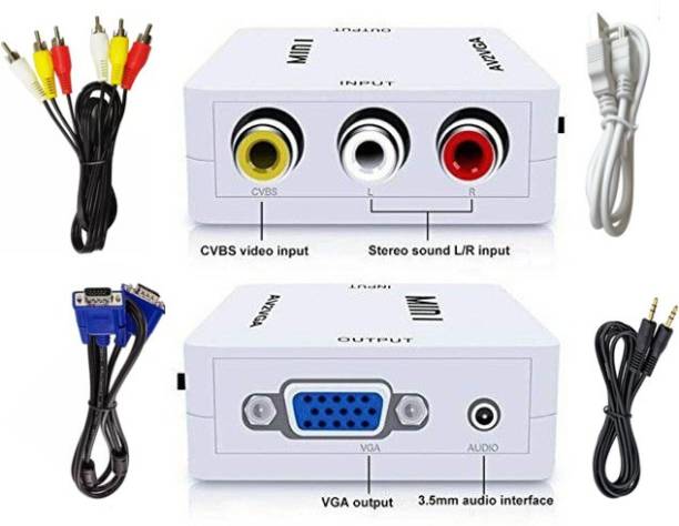 Technobyte AV/RCA to VGA Video Audio Converter Box with all complete accessories (1VGA Male Cable, 1 RCA Male Cable, 1 Power Supply Cable & 1 Aux VGA Cable I Full HD 1080P I RCA CVBS to VGA Video Converter I Connect your Set-Top Box/DVD/VCD/Webcam to VGA interface Display Device I No Driver/No Software Required I Easy to Connect I Plug & Play with high performance I Media Streaming Device