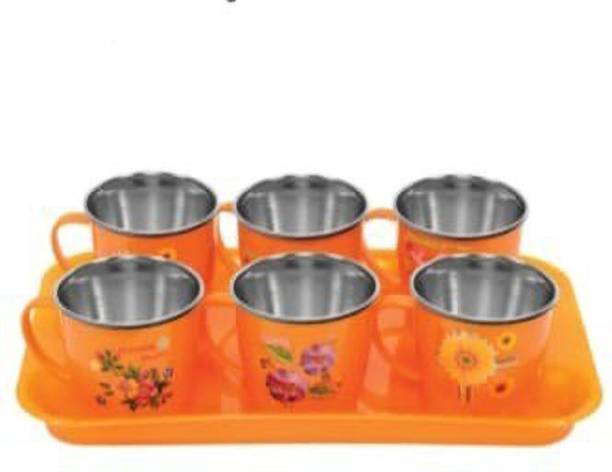 Silvester Plastic, Stainless Steel Lucky Set of 6 pcs | Flowers Printed Mugs, Stainless Steel & Outer Plastic Body Milk/Tea/Coffees