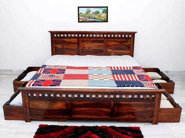 Sarswati Furniture Sheesahm Wood king Size Bed(72*78) Wooden Bed With Storage For Bedroom|Finish-Natural Brown| Solid Wood King Box Bed
