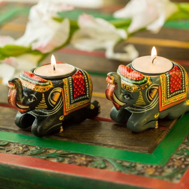 Smartcraft Handmade and Hand-Painted Wooden Elephant Candle Holders Stand and Table Decorative Tea Light Holder Wooden 2 - Cup Tealight Holder Set