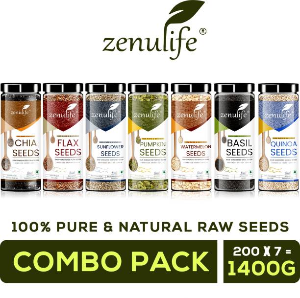 zenulife Raw Combo Seeds Value Pack (FLax Seed,Chia Seed, Sunflower seed, Pumpkin Seed,Watermelon Seed, Basil Seed & Quinoa Seed) Brown Flax Seeds, Pumpkin Seeds, Chia Seeds, Sunflower Seeds, Watermelon Seeds, Basil Seeds, Quinoa Seeds