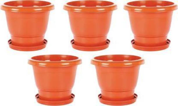 Ramanuj (Pack of 5 With BottomTray)9inches HighQuality Future Green Gardening Pot Orange Plant Container Set