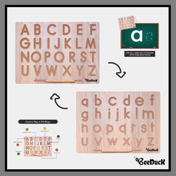 BeeDuck English Wooden Alphabet Tracing Board with Dummy Pencil | Capital Word "ACBD" and Small Word "abcd" | Educational Puzzle Toys | ABCD 123 Tracing Board | Letter Educational Slate | Learning Board, Educational Tracing Board, Hand Writing Tracing Board Alphabet Practice Board for Kids(Child) for 2+ Years Old Kids