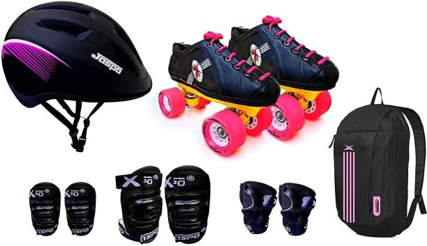Jaspo Skater Girl Pro Shoe Skate Combo(Shoe Skates+ Helmet+Knee+Elbow+Wrist+Bag) (Age 12-13 yrs) Shoe Skates - Size 6 UK