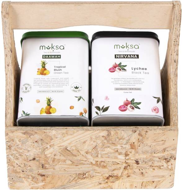 MOKSA Tea Christmas Gift Pack Assorted Green-Black Tea Set | Christmas Gift Hamper | Pineapple and Lychee Flavor Teas Basket Pack of 2s Black Tea Tin