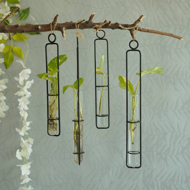 TIED RIBBONS Set of 4 Wall Hanging Test Tube Glass Planter with Metal Holder for Home Office Plant Container Set