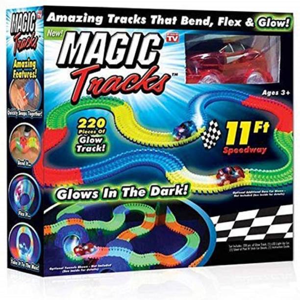 Skstore Magic Tracks Toy for Kids- Amazing Racetrack - Bends, Flexes and Glows - 3D LED Lights - 220 pcs, Multicoloured