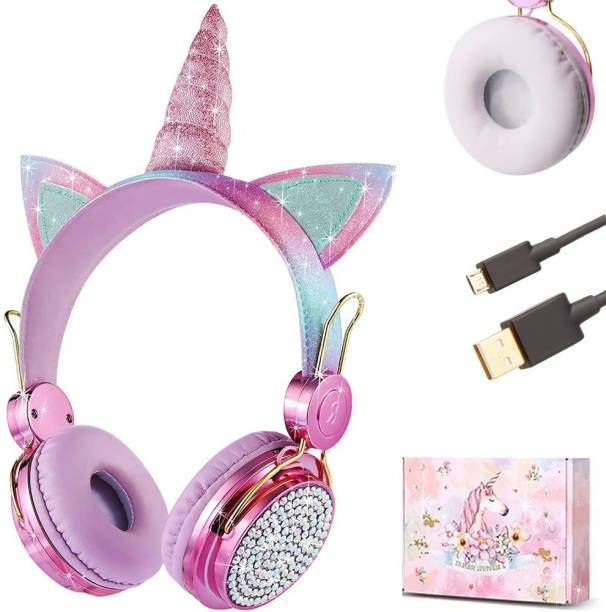 Crysendo Wireless Bluetooth Unicorn Headphones for Girls | On Ear Unicorn Earphones for Girls with Mic & 3.5mm Audio Port | Includes Extra Headphone Cushion (Wireless + Wired, Unicorn) Over The Ear Headphone Cushion