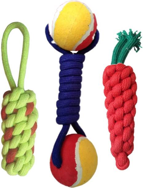 Pet Needs Combo of 3 Durable Pet Teeth Cleaning Chewing Biting Knotted Small Puppy Toys -100% Natural & Safe Cotton (Color May Vary) Cotton Chew Toy For Dog & Cat