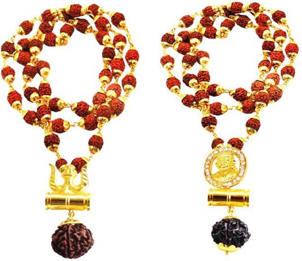 Ausrich Combo Trishul Damru Mala + SaiBaba Rudraksha Mala Gold-plated Plated Brass Necklace Set