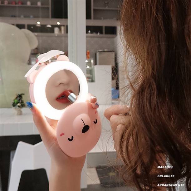 AZACUS Cartoon Cute Piggy Mini Cosmetic Mirror Compact Portable Pocket Makeup Mirrors Cooling Fan Light Handheld USB Rechargeable