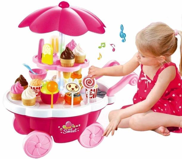 himanshu tex Kids Choice Kid's Plastic Ice Cream and Sweet Marketing Cart with Music Role Pretend Play Toy(39 Pcs Sweet Cart)