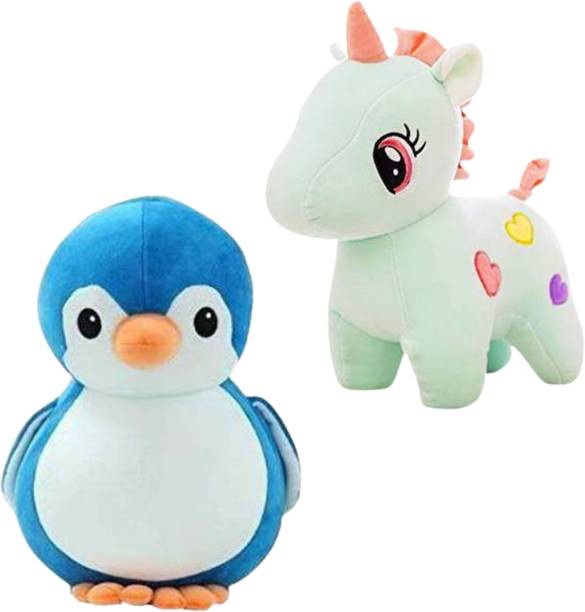 Toyhaven Adorable and cute soft toy set of 2 plush toys- unicorn and penguin in beautiful colors / soft toys for kids and special occasions  - 25 cm