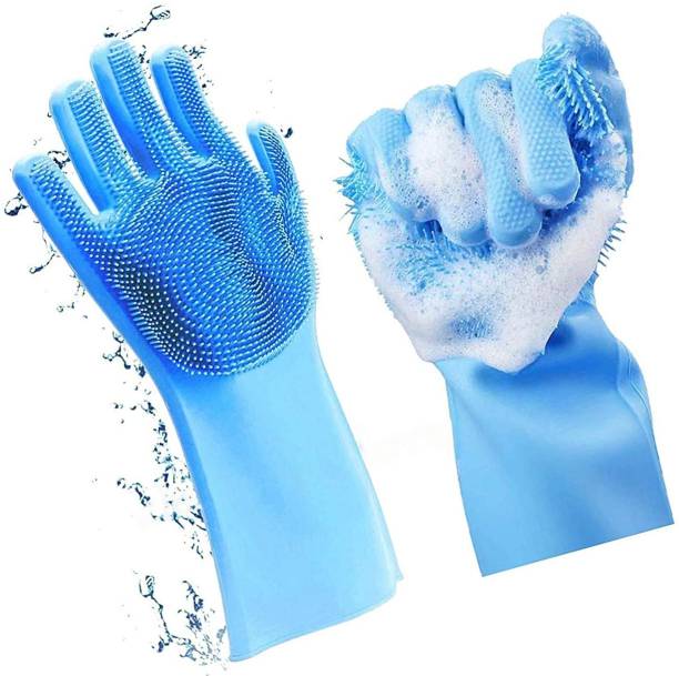Zemlite Silicon Dish Washing Gloves- Silicone Cleaning Brush Scrubber Gloves Reusable Heat Resistant for Fruit Wash, Wash Dishes, Wash Car, Wash Pet, Wash Toilet, Wash Clothes, Wash Tiles Etc. (Multicolour, 1 Pair, free size) Wet and Dry Glove
