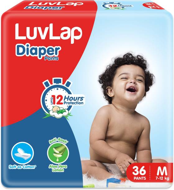 LuvLap Diaper Pants Medium (MD) 7 to 12Kg, 36 Count, Baby Diaper Pants, with Aloe Vera Lotion for rash protection, with upto 12 Hour protection - M