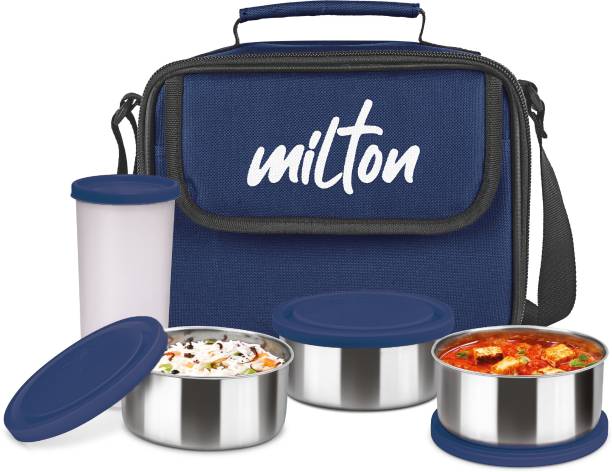 MILTON New Steel Combi Lunch Box, 3 Containers and 1 Tumbler with Jacket, Set of 4, Blue 4 Containers Lunch Box