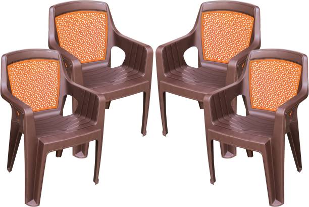 MAHARAJA Safari Plastic Chair Set of 4, Outdoor Chair for Home, Office and Restaurant (Brown & Orange, Set of 4, Pre-assembled) Plastic Outdoor Chair