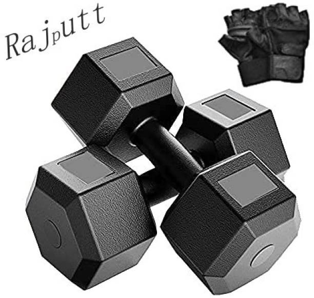 Rajputt 5kg Black PVC Premium Hex Dumbbell Set with Gloves (Women & Men) Fixed Weight Dumbbell