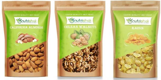 Nutrishak Premium Almond, Walnut kernels & Raisin (3*100gm) Almonds, Walnuts, Raisins
