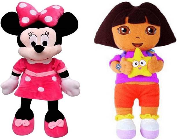 tgr two soft dolls for cute girls dora doll & minnie soft doll combo pack  - 50 cm