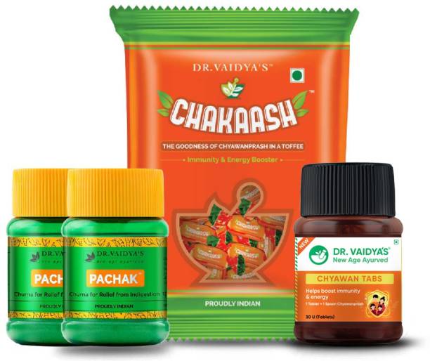 Dr. Vaidya's Appetite Booster Pack Improve Appetite and Digestion Chyawan Tablets (30 Capsules x 1), Pachak Churna (50 g x 2) and 50 Chakaash Toffees
