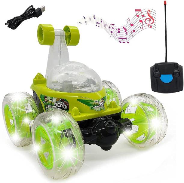CADDLE & TOES Rechargeable Remote Control 360 degree plastic rolling stunt car with Music & Lights for children's age 3 to 12 years.Android Charger & 800 MAH Battery. 3 Hrs Running Time, Blue/Red/Green/Yellow Color